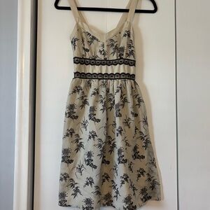 Burlapp Women's Silk Floral Dress Cream Black Print Lace Trim, Made in USA Small